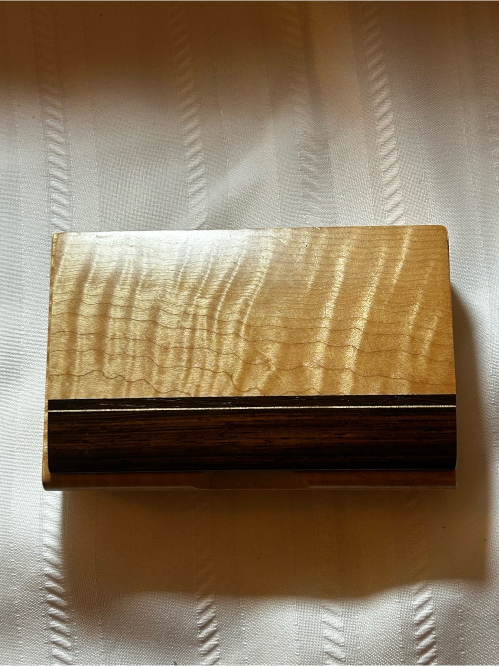 Handcrafted Hinged Trinket Box Curly Maple Wood Brown Tabletop Home Decor